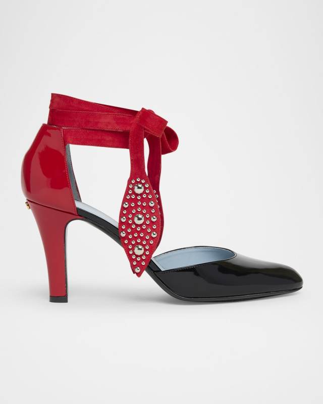 Bicolor Studded Mixed Leather Ankle-Wrap Pumps